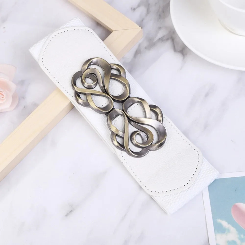 Women Leather Belt for Dress Elastic Brass Retro Buckle Overcoat