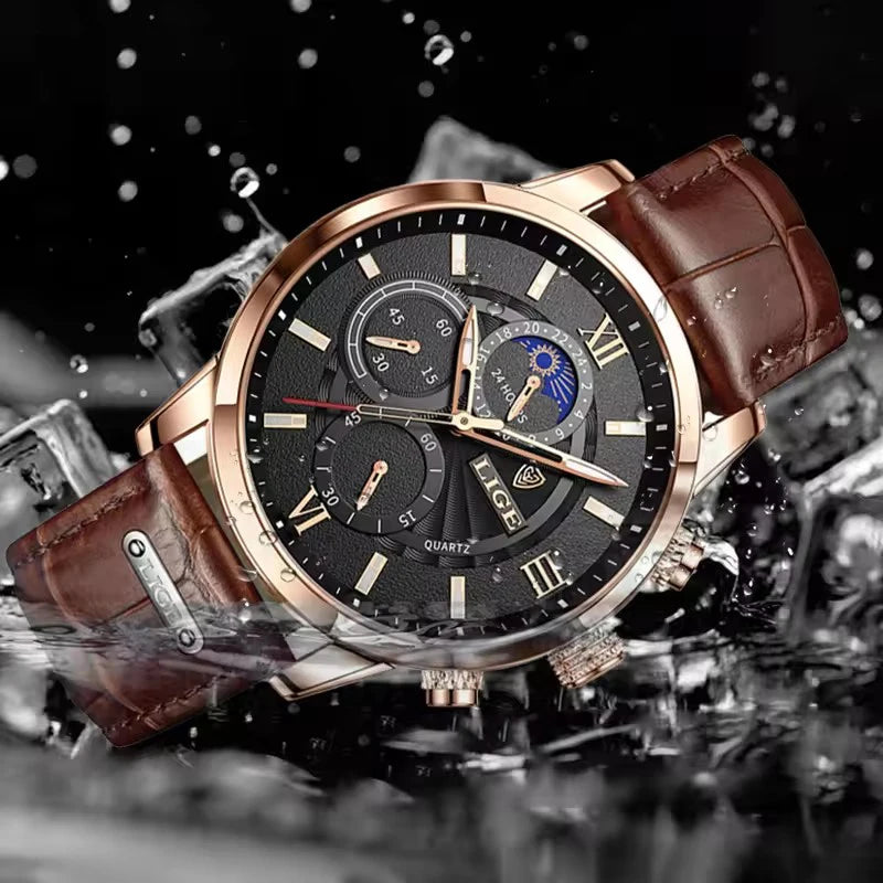 Men's Watches LIGE  WristWatch Leather Quartz Watch Sports Waterproof