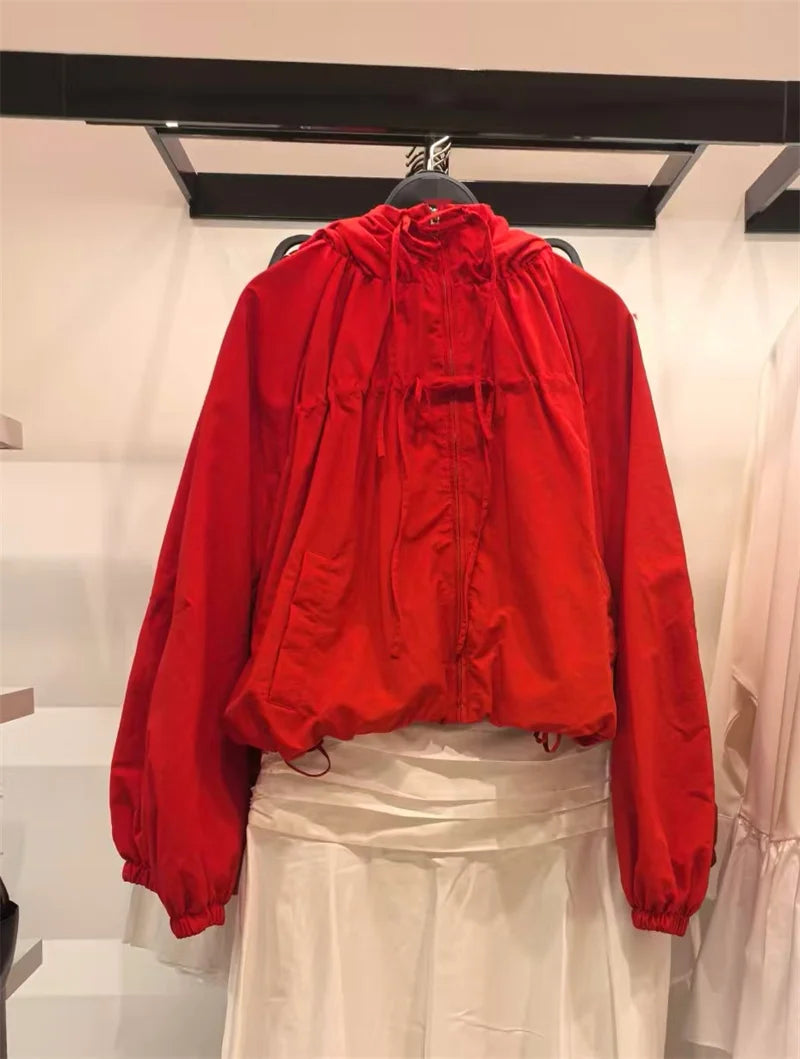 Red Long-Sleeve Drawstring Decorative Festive Hoodie Zipper Cardigan Casual