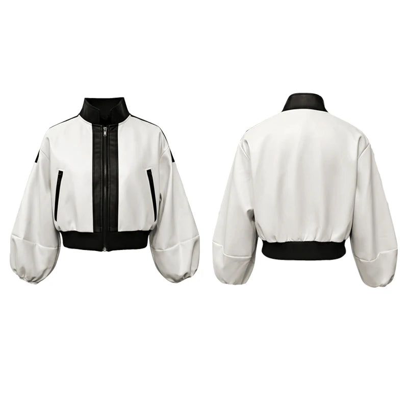 Leather Zipper Jackets Women Puff Sleeves Stand Collar Casual Outerwears