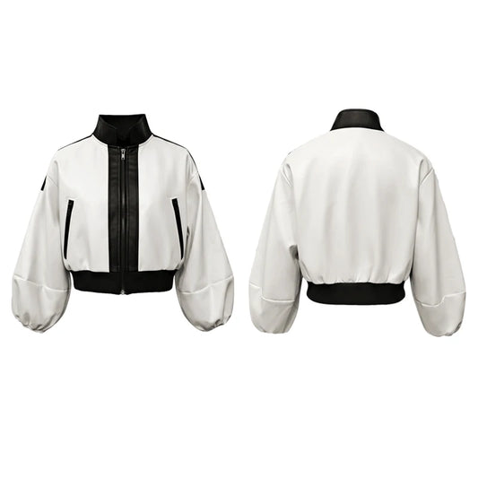 Leather Zipper Jackets Women Puff Sleeves Stand Collar Casual Outerwears