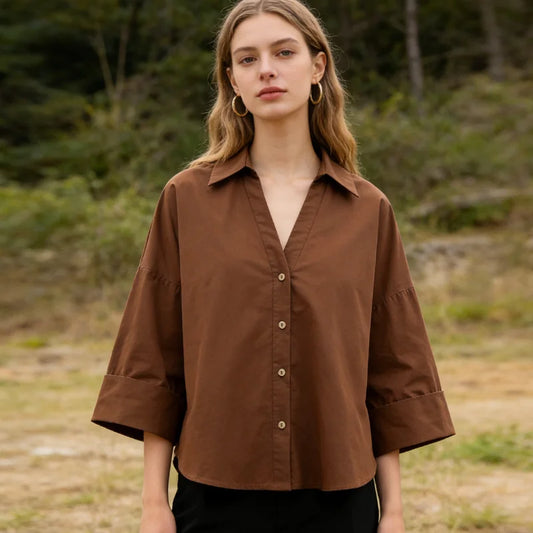Brown Oversized Shirt Women Shirts & Blouses Loose Short Sleeve Top