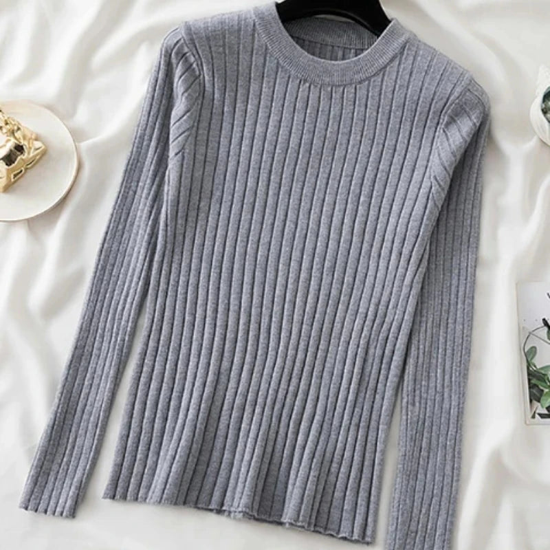 Women Sweater O-neck Long-sleeved Solid Knitwear Bottoming Shirt