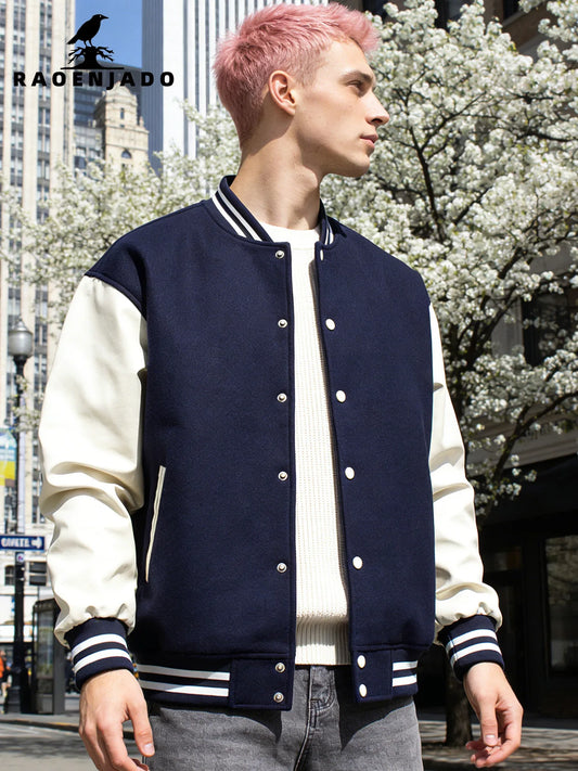 Faux Leather Sleeves Letterman Classic Baseball Coat Bomber Jacket