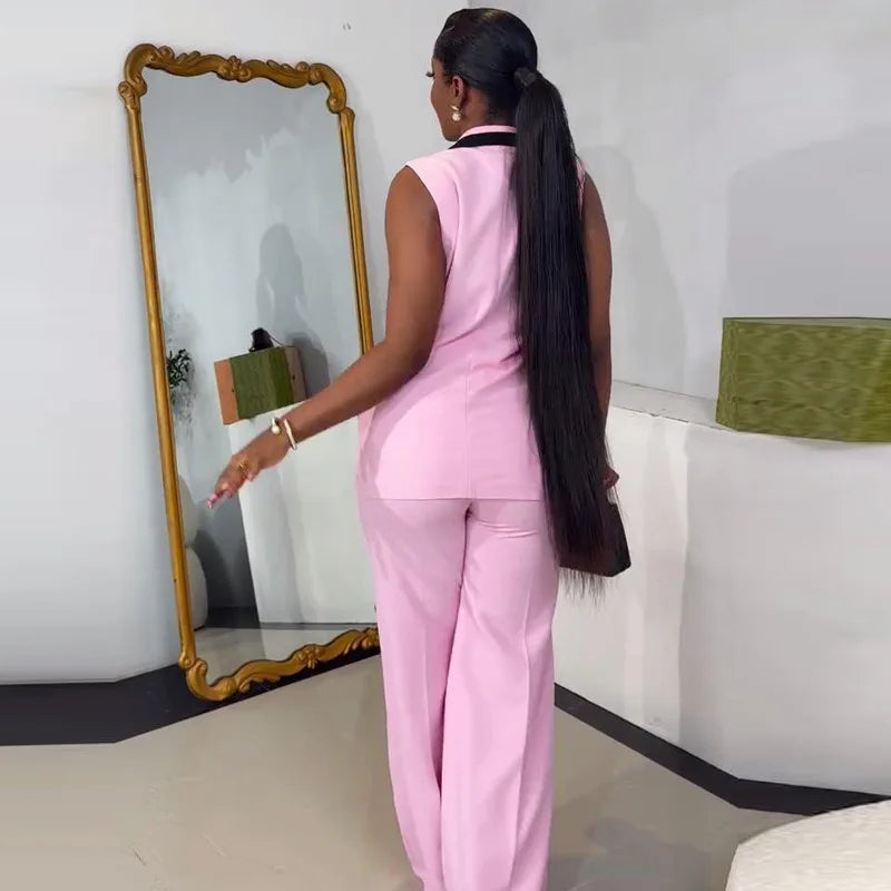 Women Two Piece Sets Matching Sets Double Breasted Tops Vest Wide Leg Long Pants