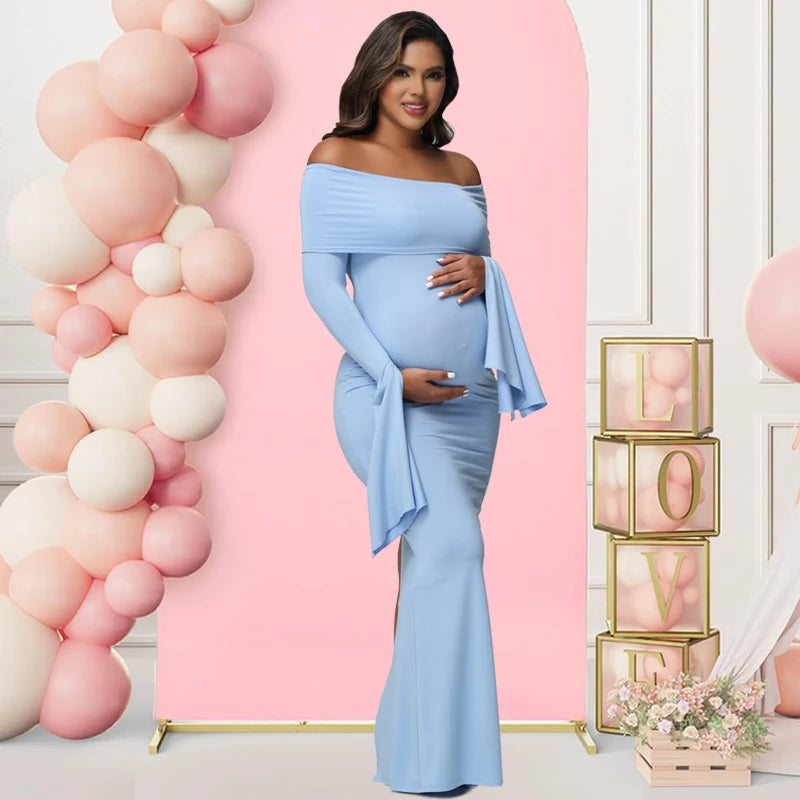Women Maternity Off Shoulder Long Sleeve Bodycon Pregnancy  Gown