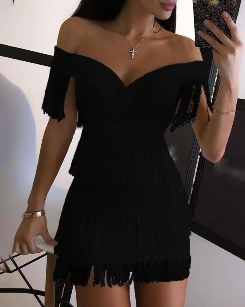 Sexy Big V Neck One-shoulder Fringed Skirt Ladies Slim Short Sleeve Dress