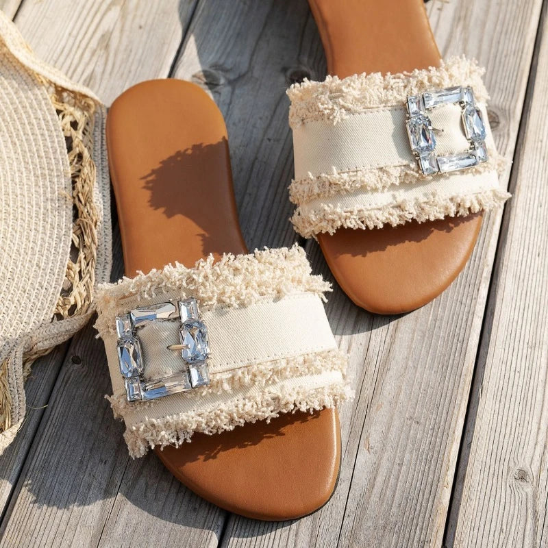 Women's Slippers Summer Sliding Metal Buckle Flat Shoes Fashion Sandals