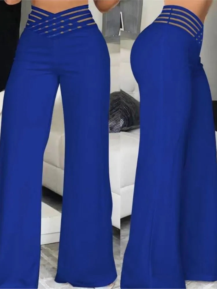 Wide Leg Flared Pants Crisscross Sheer Mesh Pants