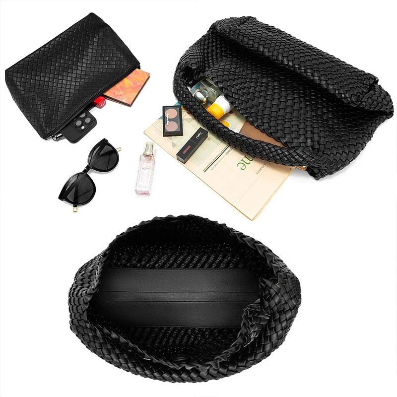 Large Woven Handbag Soft Leather Shoulder Bag Work Shopper Bag with Purse