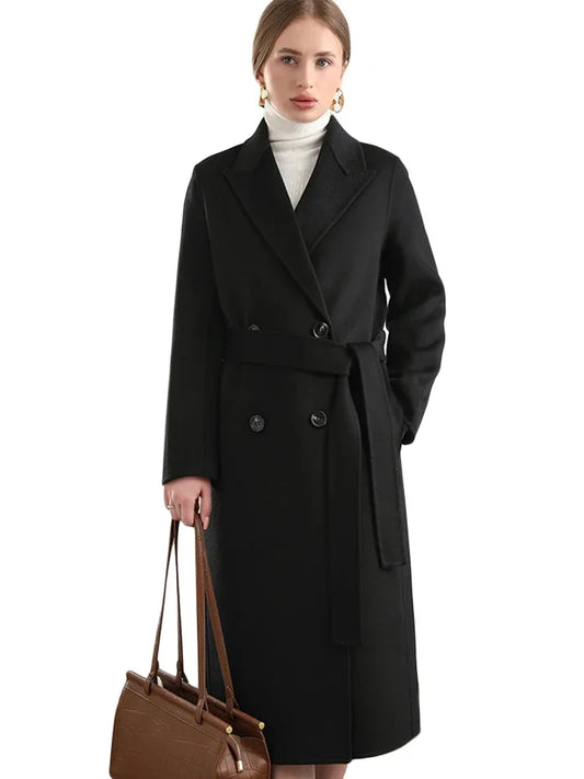 Wool Peak Lapel Overcoat Belt Double-Breasted Long Jacket Trench Coat