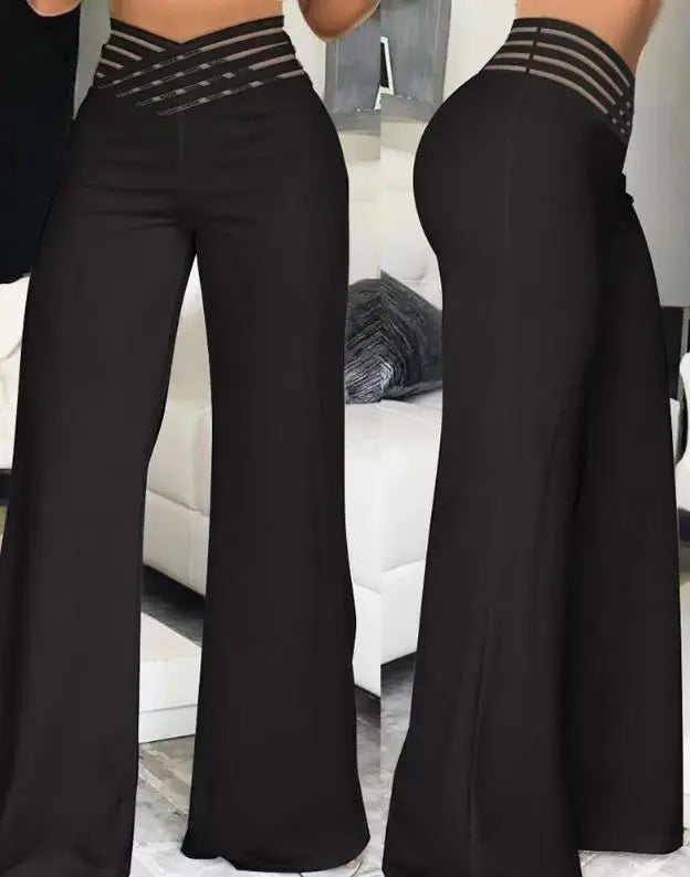 Wide Leg Flared Pants Crisscross Sheer Mesh Pants