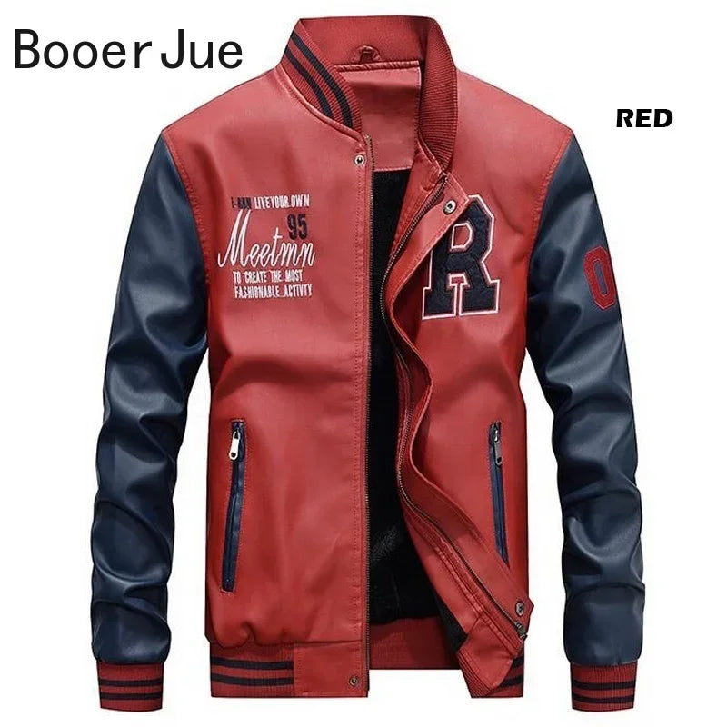 Embroidered Leather Pu Coats Slim Fit College Fleece Luxury Pilot Jackets