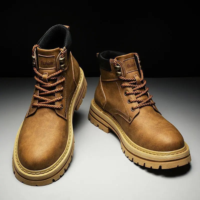 Fashion Men Boots Comfortable Platform Leather Shoes Brown Non-slip Work Boots
