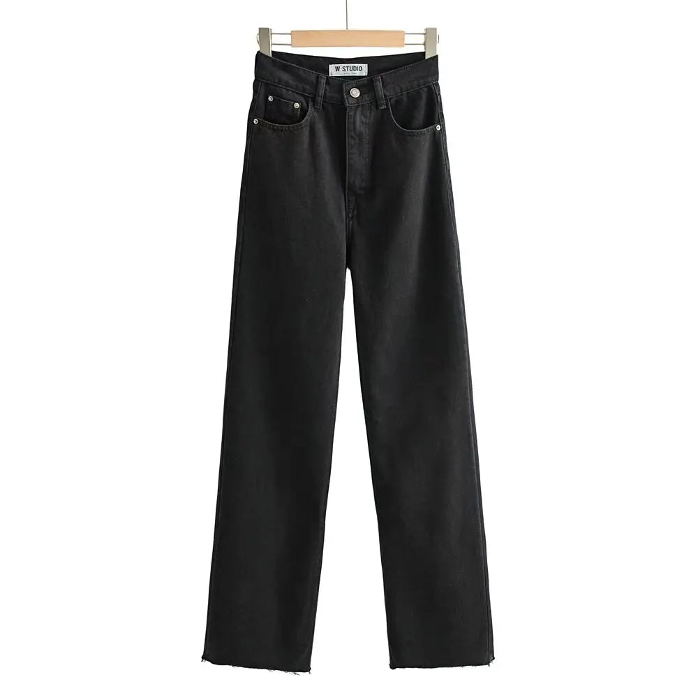 Women's High Waist Jeans Straight Leg Raw Hem Floor-Length Vintage