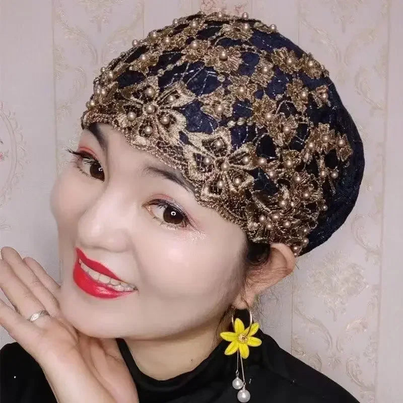 Ladies Personality Ethnic Beaded Hat Gauze Headscarf
