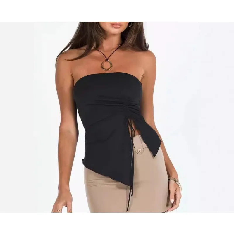 Women Tanks Solid Off Shoulder Asymmetric Drawstring Slit