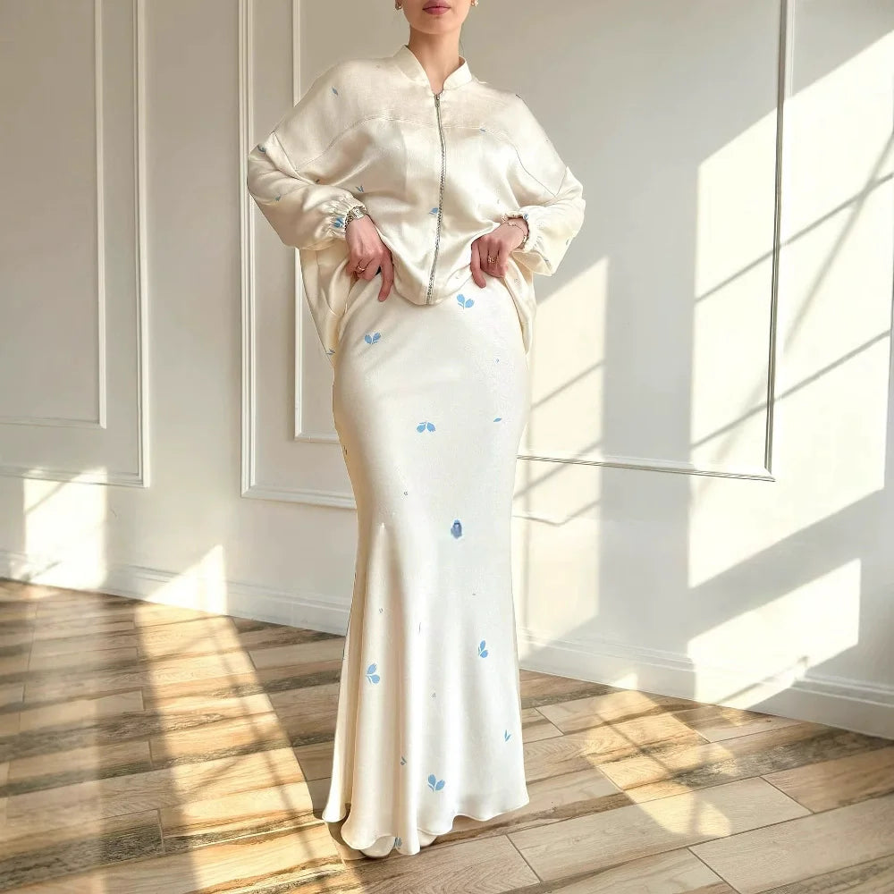 Women Eid Musulman Muslim Sets Solid Blouses Wide Leg Skirts Two Pieces Set