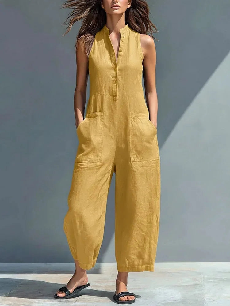 Cotton And Linen Jumpsuit Women Stand Collar Sleeveless Pocket