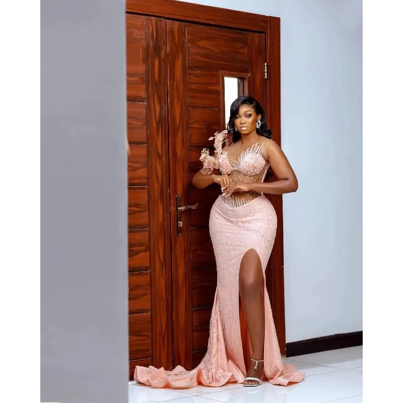 Exquisite Sheer Neck Sleeveless Gown Sequins Appliques Split Side Sweep Train Party Dress