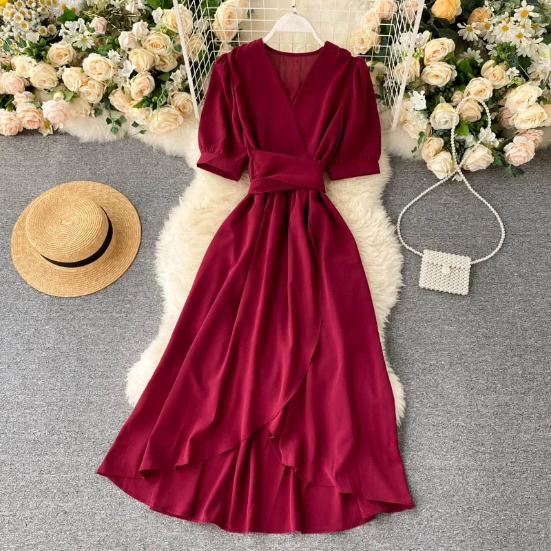 New Temperament V-neck Solid Color Bubble Short-sleeved Dress