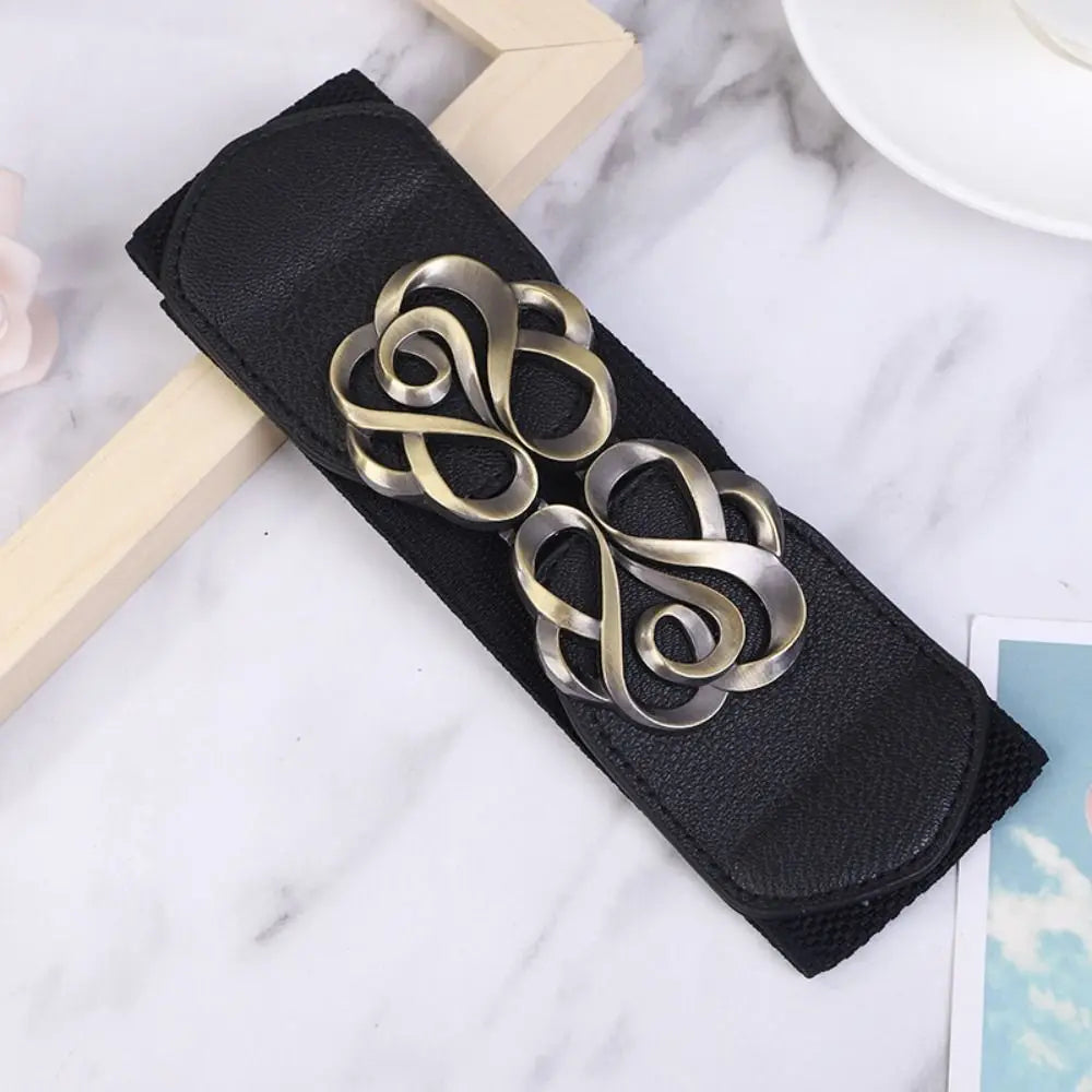 Women Leather Belt for Dress Elastic Brass Retro Buckle Overcoat