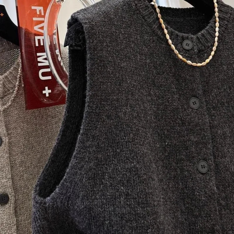 Women Sweater Vests Casual Loose Basics Solid Buttons Knitwear Sleeveless