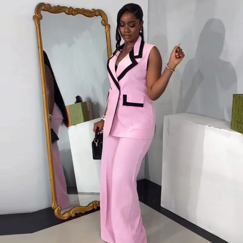 Women Two Piece Sets Matching Sets Double Breasted Tops Vest Wide Leg Long Pants