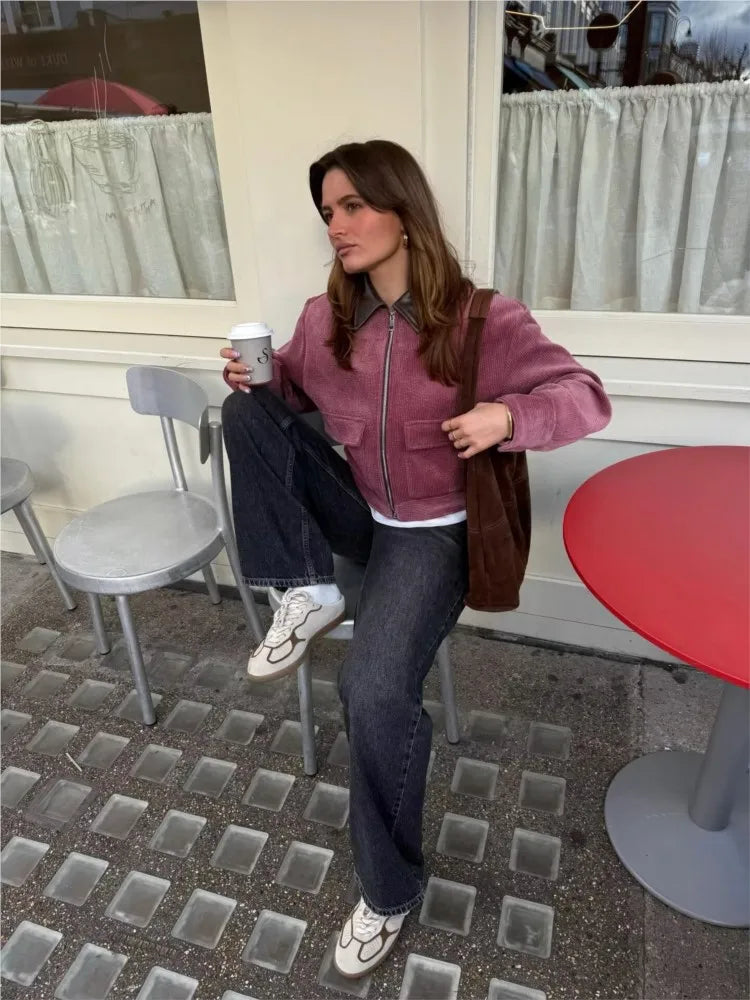 Women's Corduroy Jacket with Leather Effect