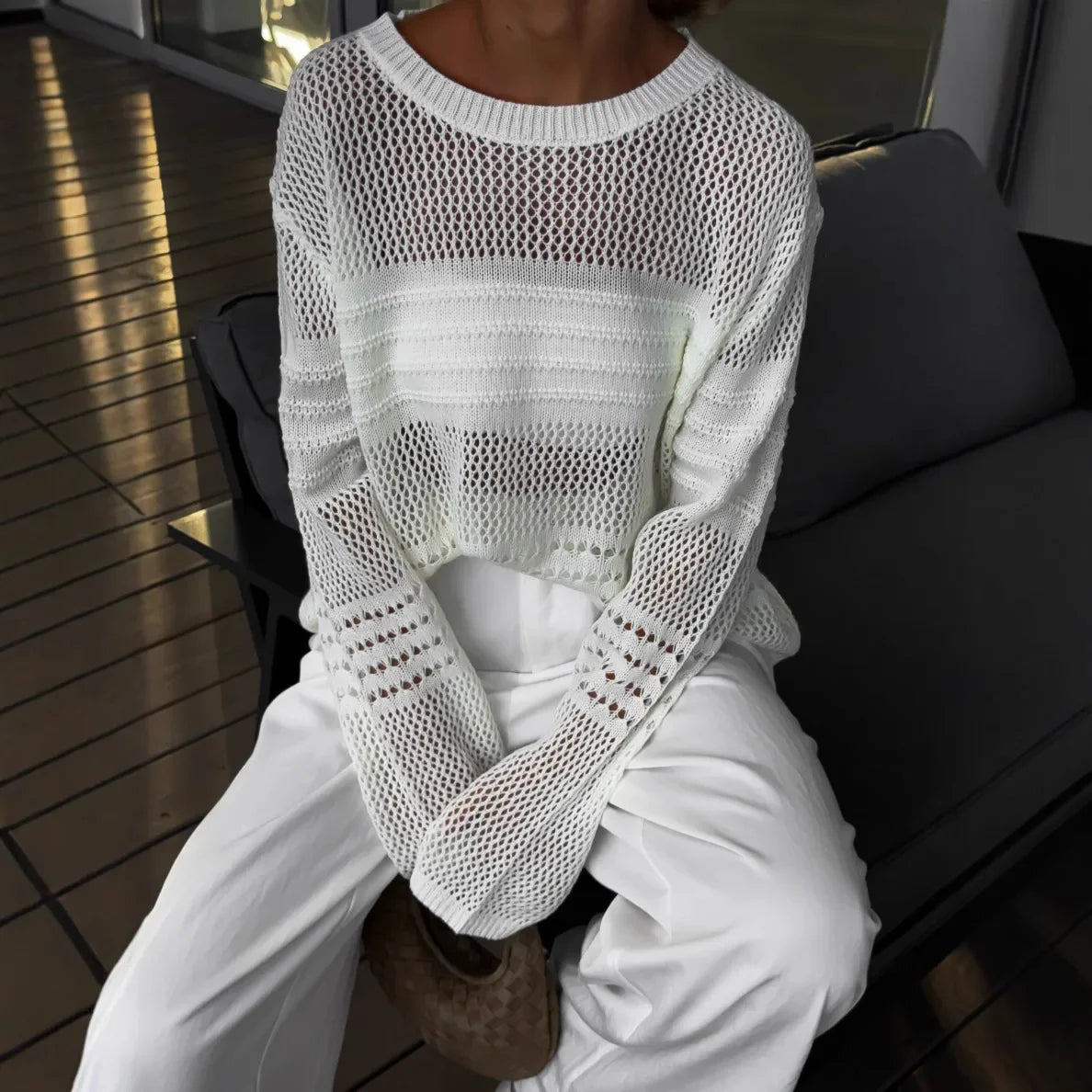 Women's Knit Top Loose Fit Crochet See Through Blouse