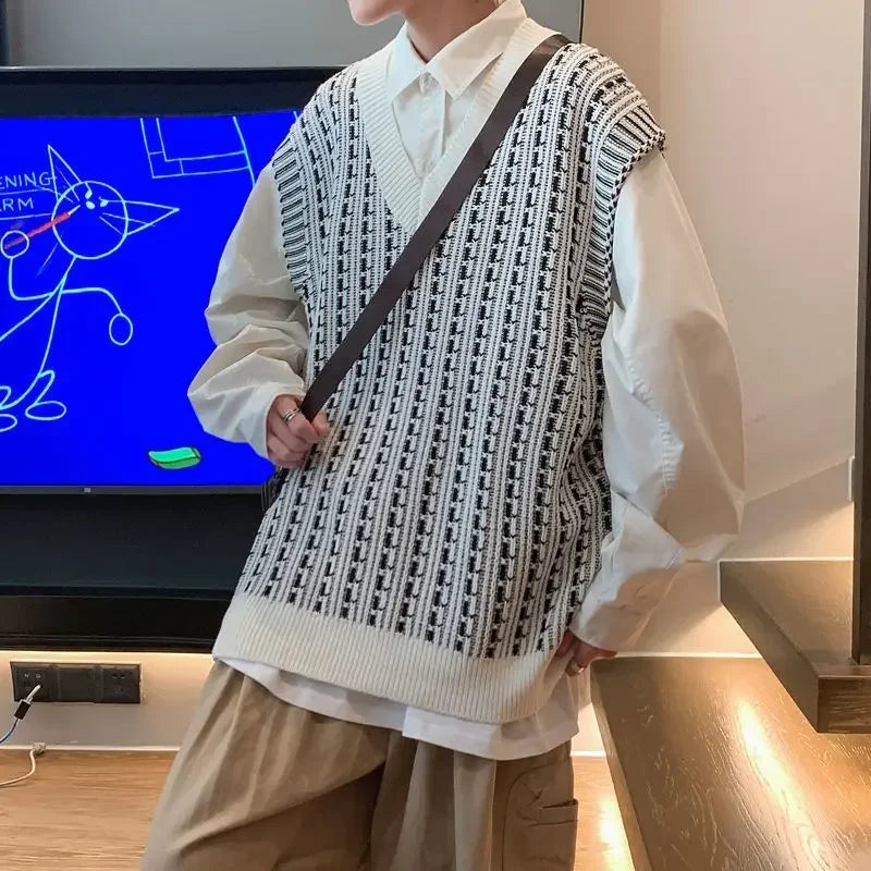 Knitwear Sweater Male  Knitted Vest Y2k Streetwear Style