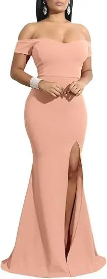 Women's Off Shoulder High Split Long Formal Party Dress