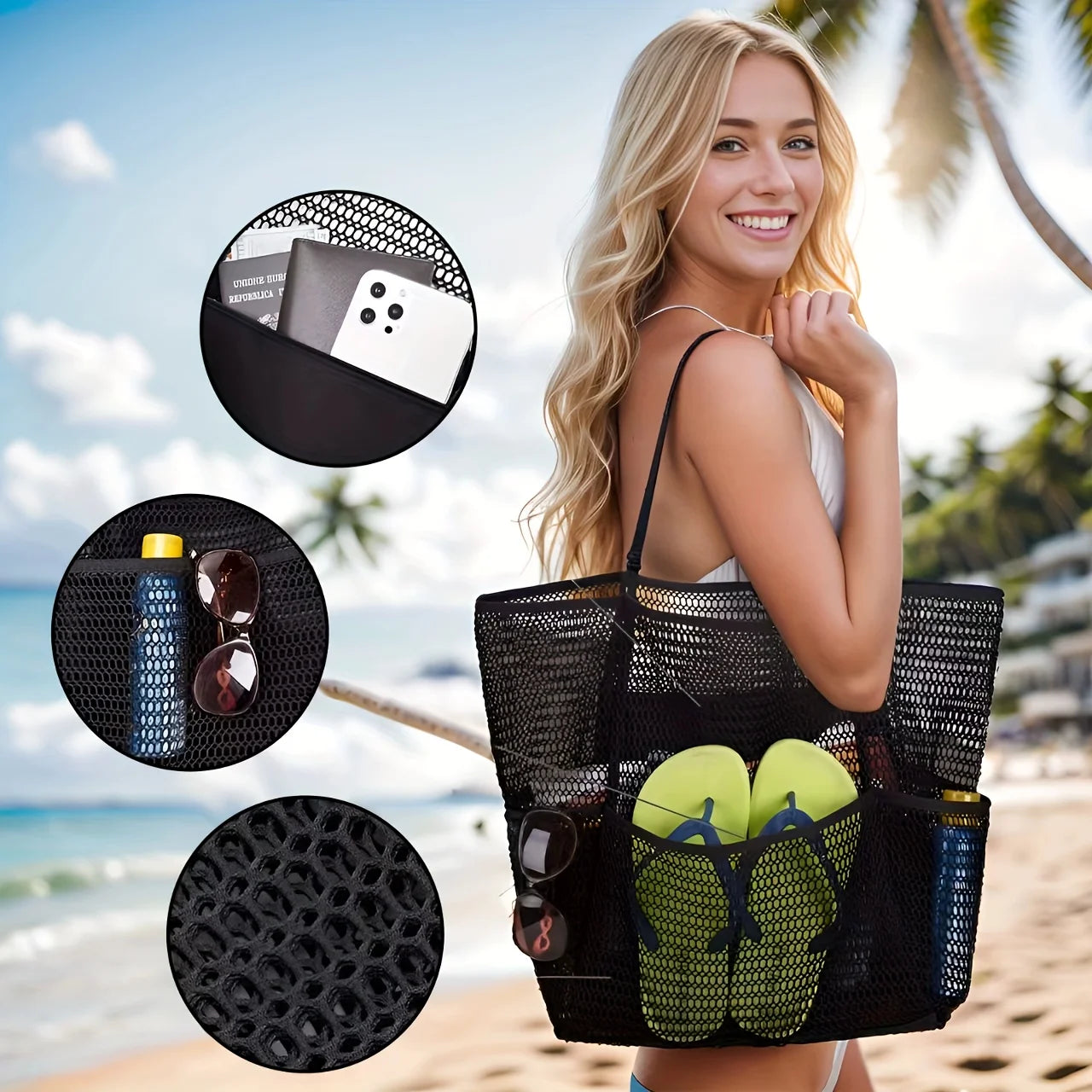 Women's Large Capacity Beach Tote Bag - Durable Polyester Woven Shoulder Bag