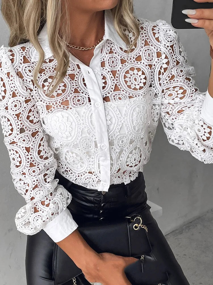 Lace Blouses For Women Elegant Office White Shirt Long Sleeve