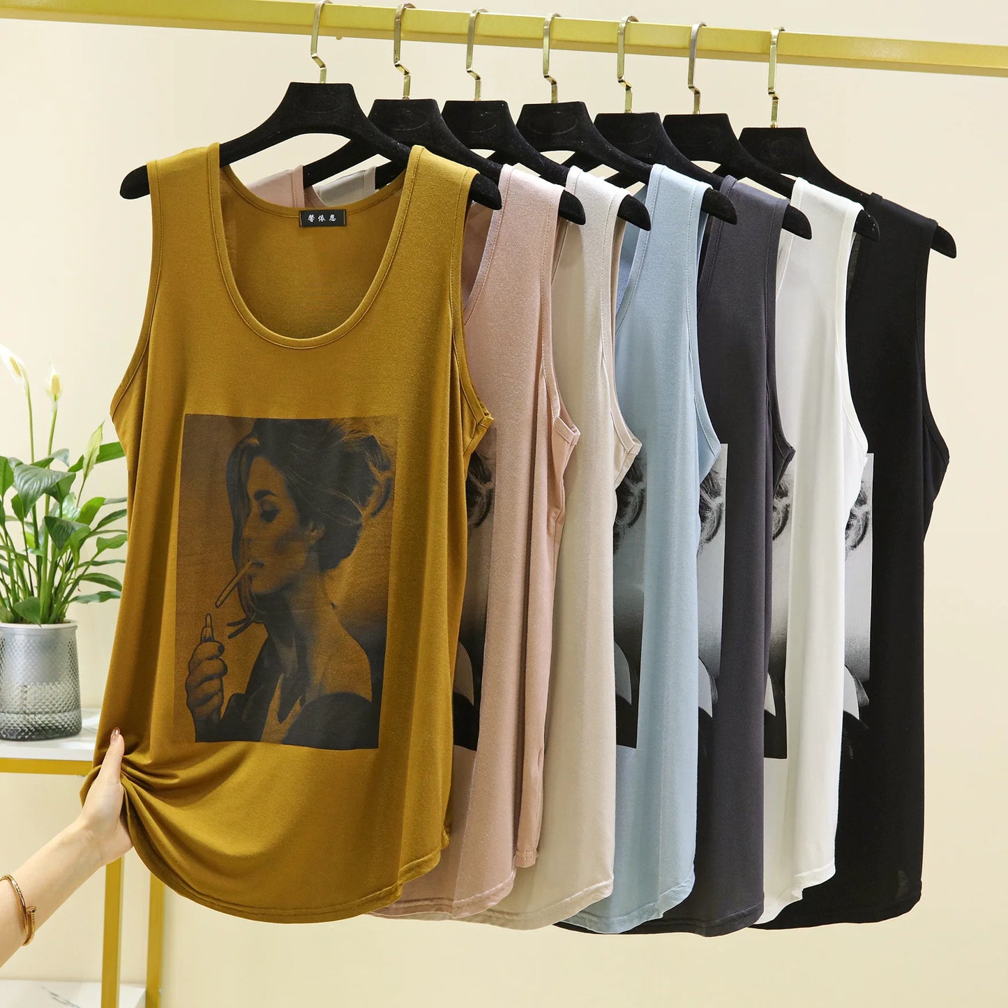 Women Long Tank Tops O-Neck Fashion Print