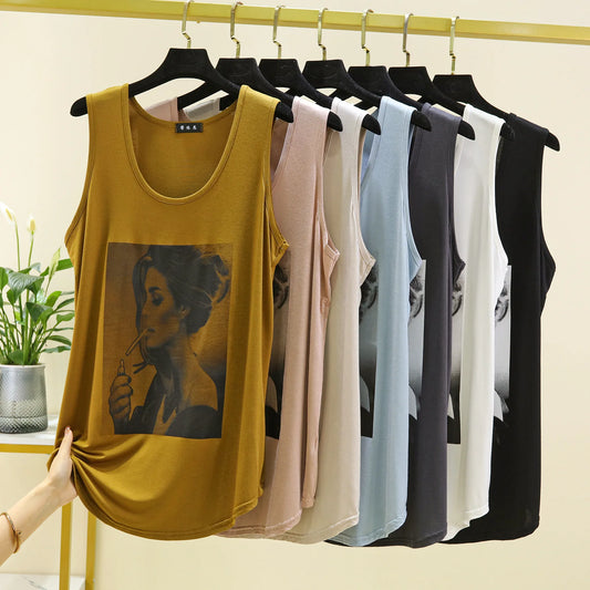 Women Long Tank Tops O-Neck Fashion Print