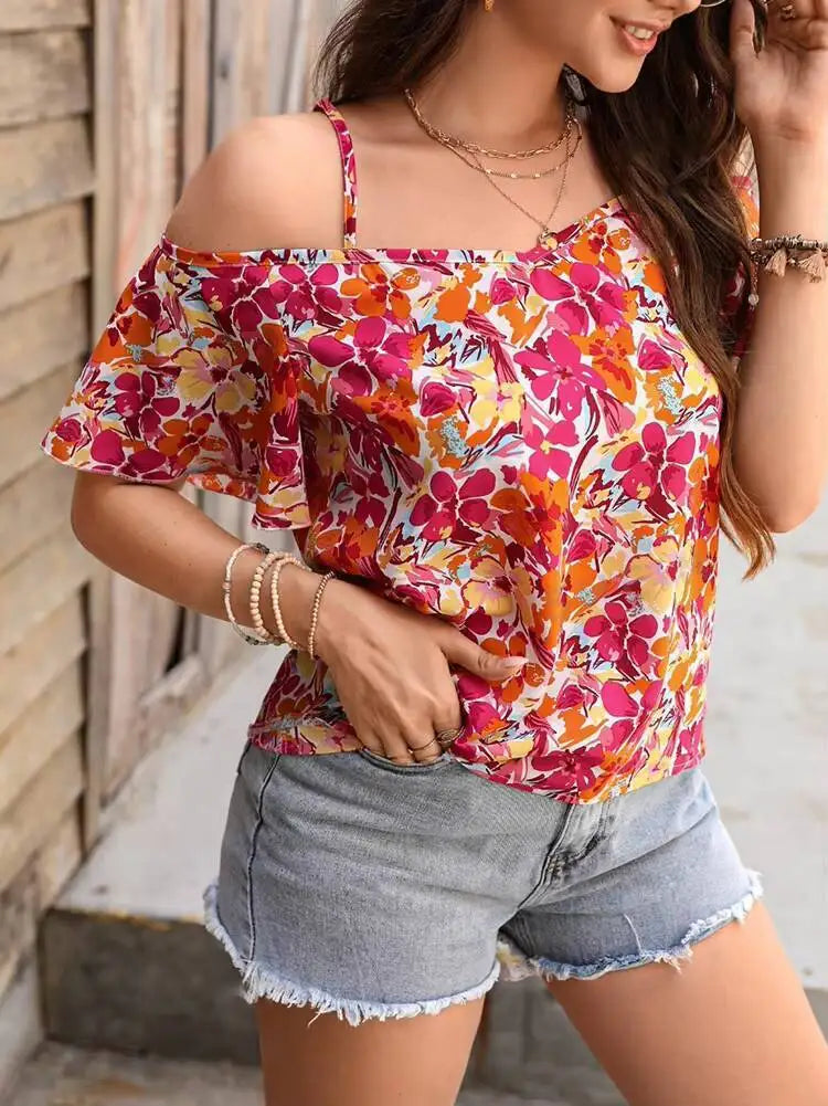 Blouse Spring Summer Colorful Floral Print Off Shoulder