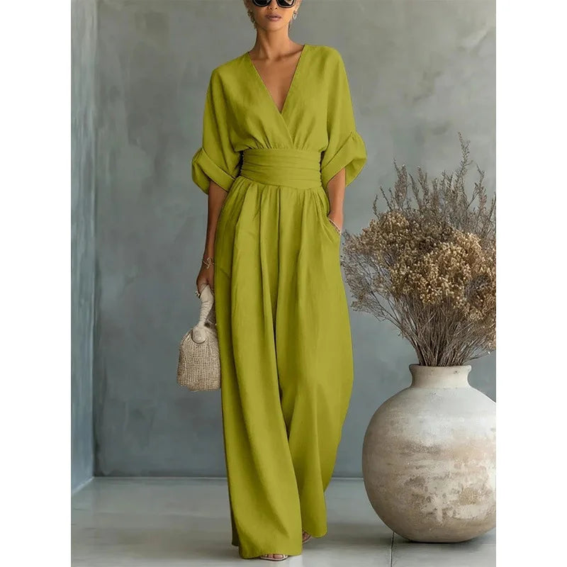 Women's Jumpsuit Fashion High Waist V-neck wide Leg Trousers