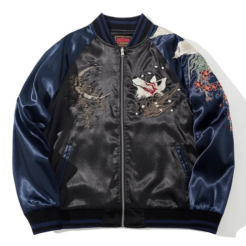 High Street Sukajan Souvenir Jacket Nine Tailed Fox Peony Embroidered Pilot Bomber