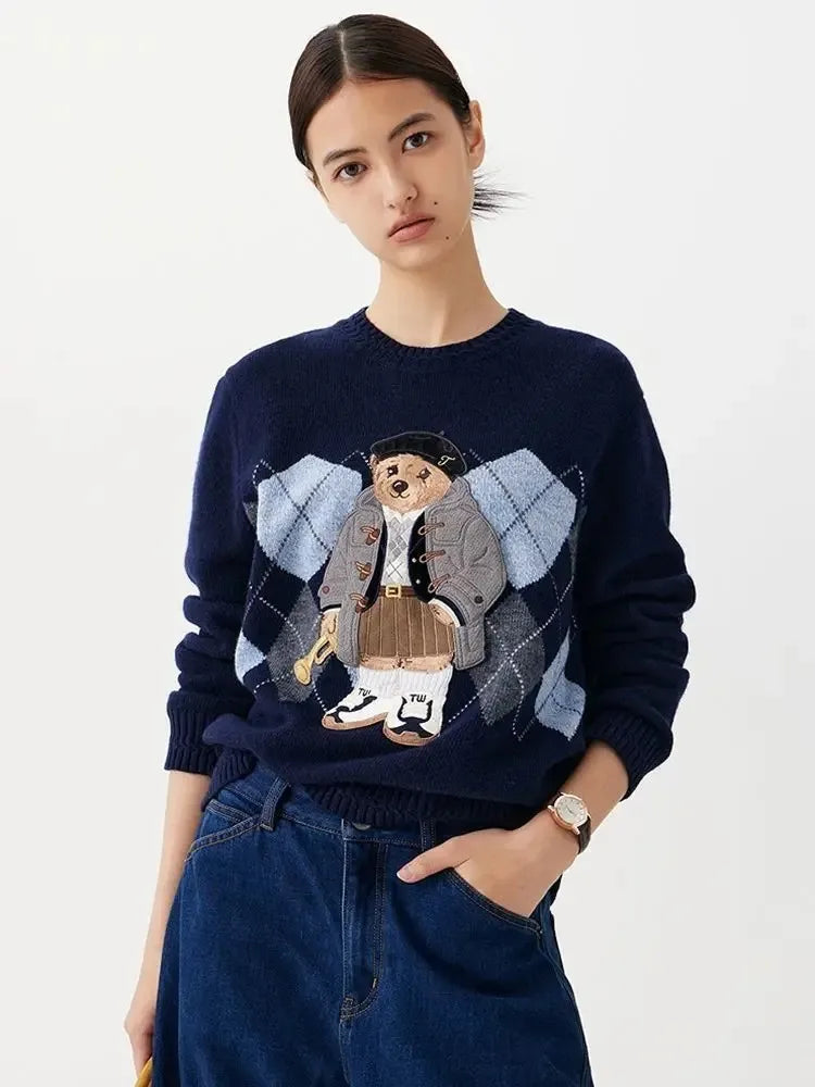 Women's Knitwear Diamond Jacquard Fitted O-neck Sweater