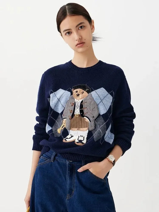 Women's Knitwear Diamond Jacquard Fitted O-neck Sweater
