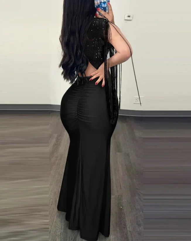 Sexy Party Glamorous Contrast Sequin Ruched Slit  Dress