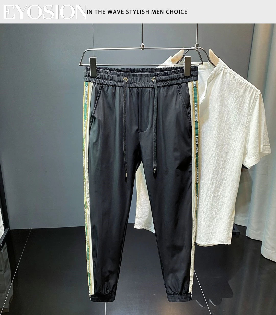 Mens Pants Stripe Long Trousers in Ice Silk