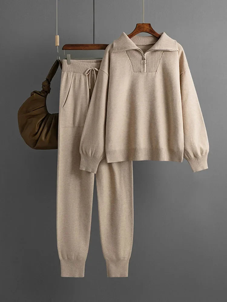 Women Casual Knitwear Pullovers Tops Conjuntos High Waist Jogger Pants Tracksuit
