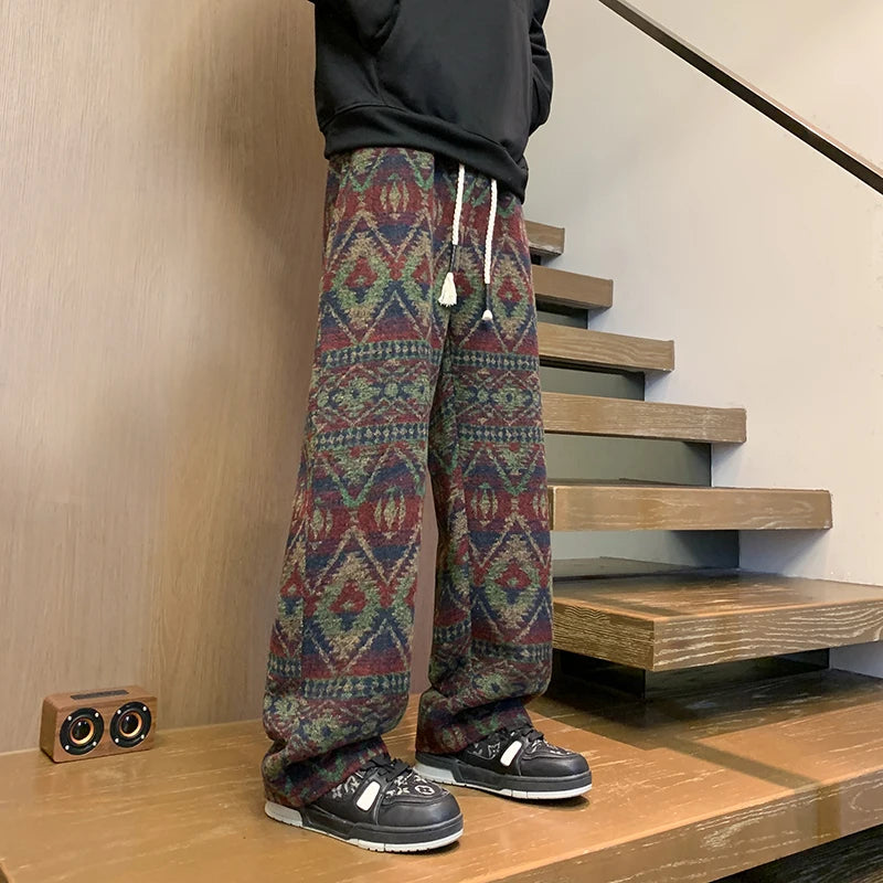 Wide leg pants Men's Vintage Geometric Knitted jacquard pants