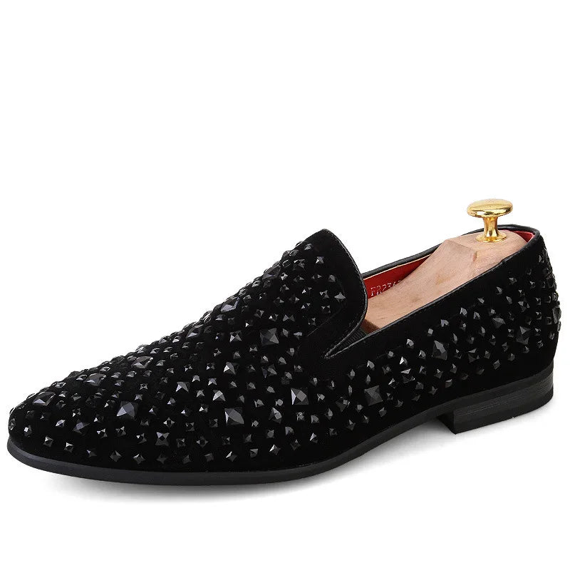 Dress Shoes for Men Luxury Pointed Toe Black Loafers Denim Metal Sequins Shoes