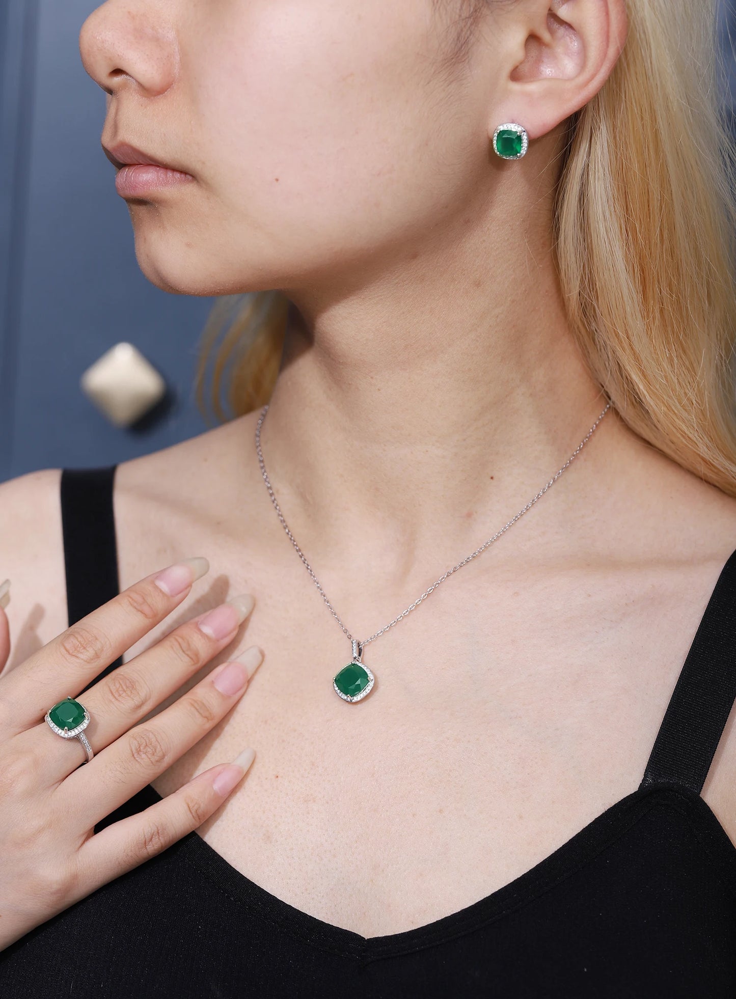 sterling silver original certified green agate stone women's jewelry set