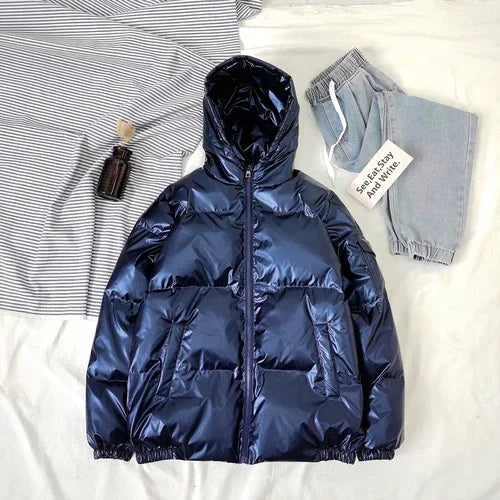Bright Silver Puffer Jackets Casual Hooded Cotton Wadded Heated Jacket
