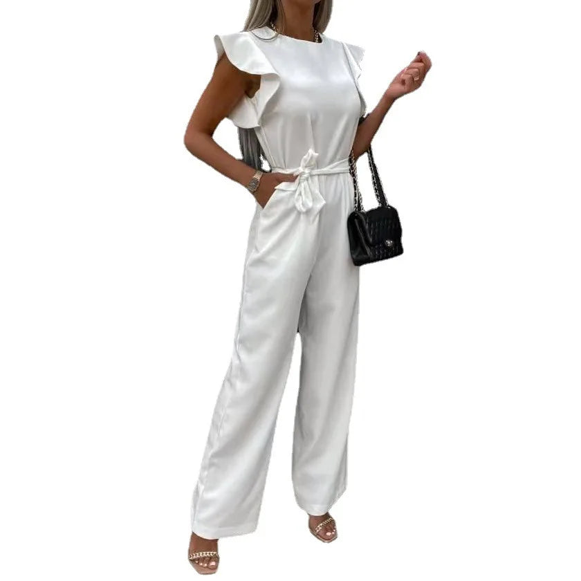Jumpsuit with lace up high waist  ruffle edge sleeves dating jumpsuit