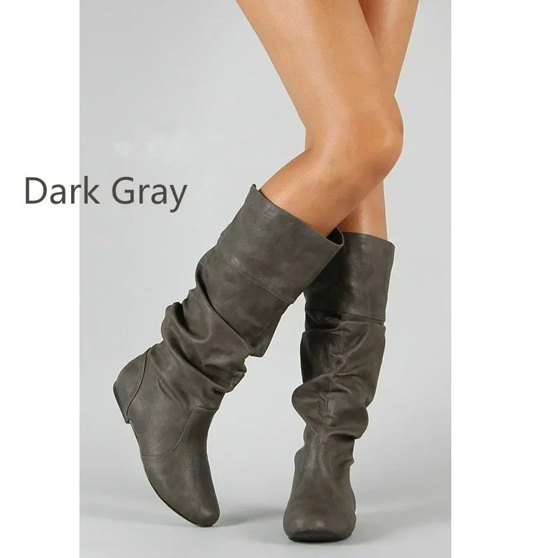 Women Leather Boots Fashion Pleated Wedge Long Boots Round Toe